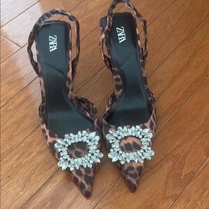 Zara Women's Leopard Print Heels with Crystal Embellishments